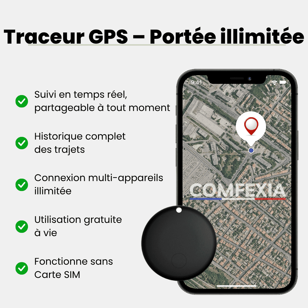 Comfexia™ – Traceur GPS Chat Sans Abonnement & Sans Carte SIM, Compatible Android & iOS