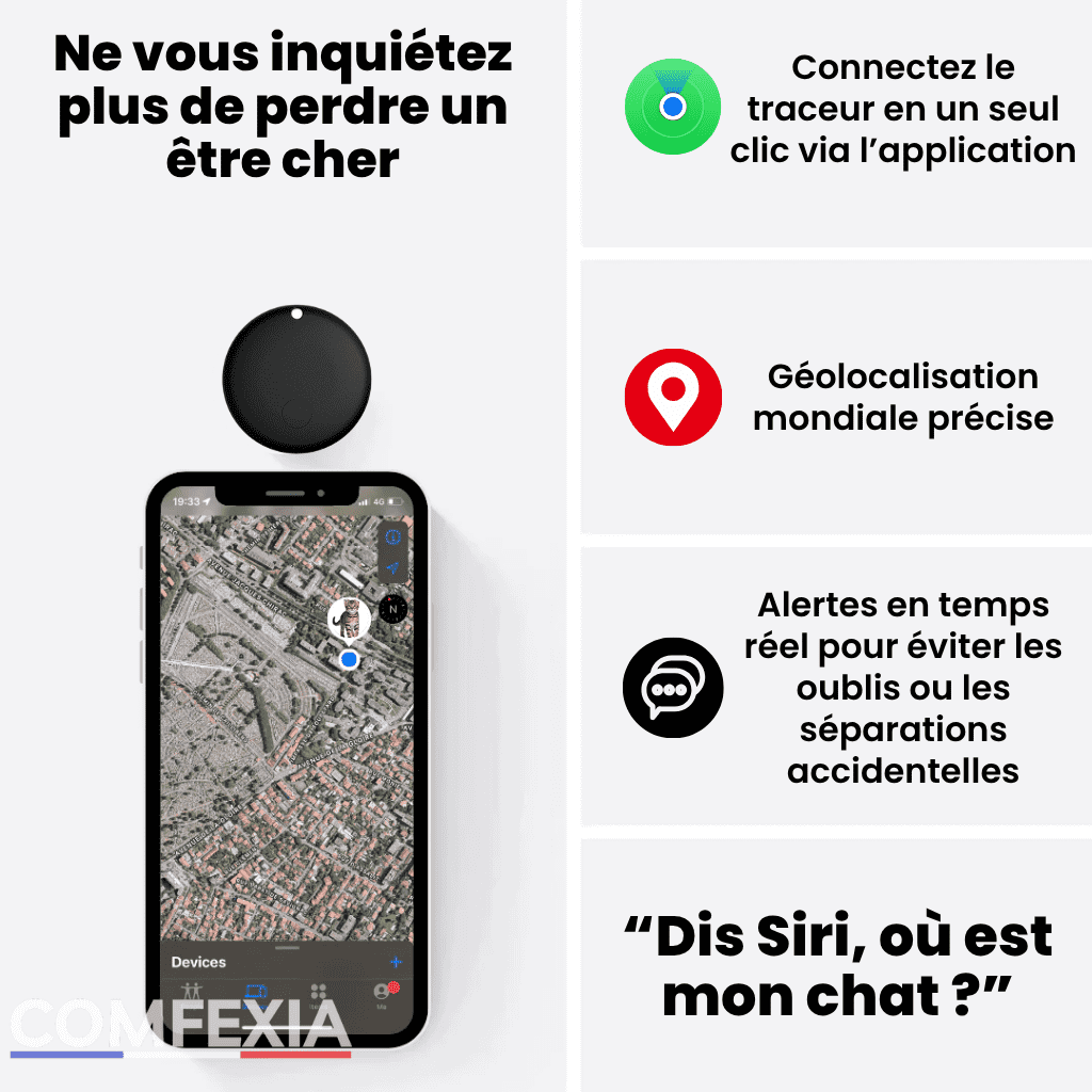 Comfexia™ – Traceur GPS Chat Sans Abonnement & Sans Carte SIM, Compatible Android & iOS