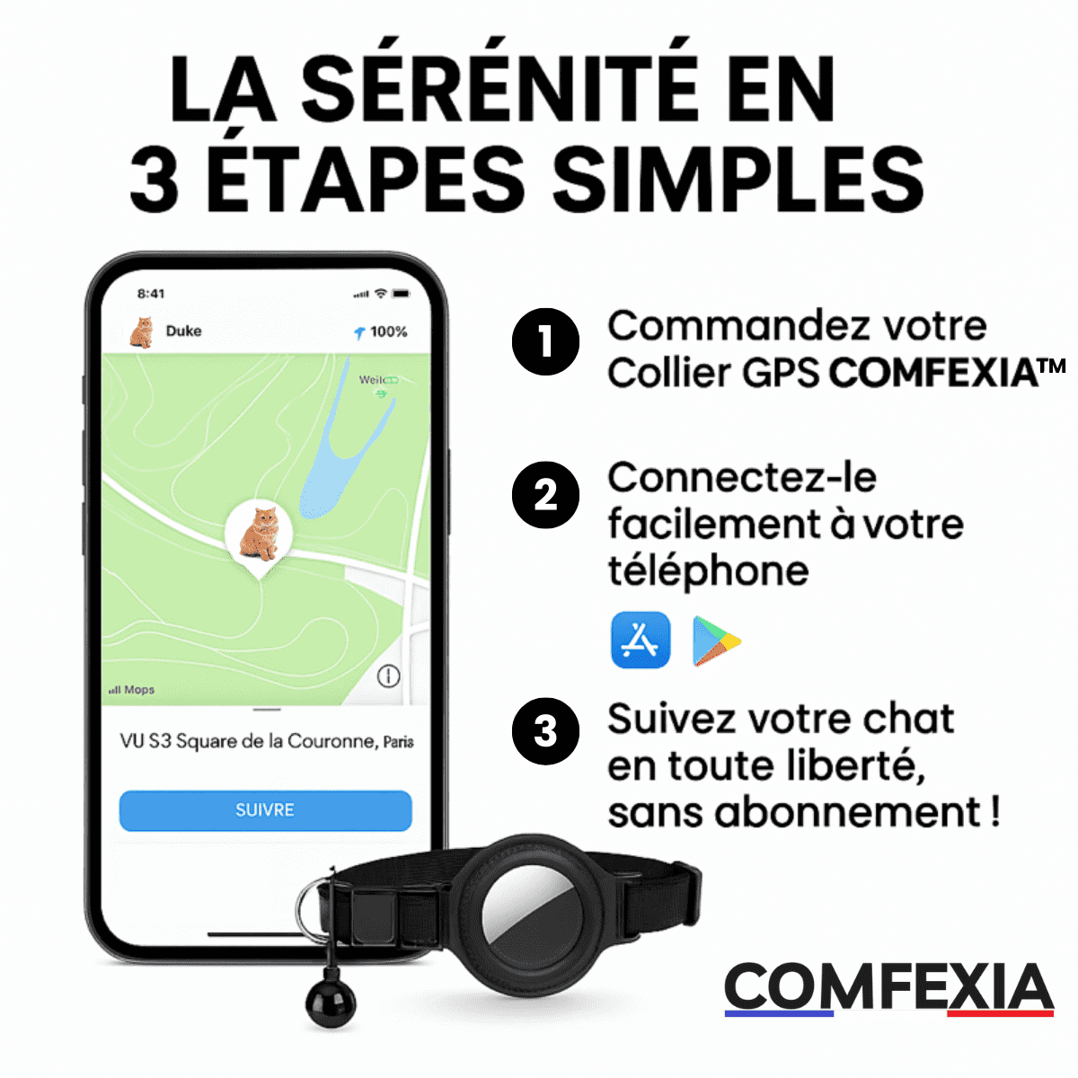 Comfexia™ – Collier GPS Sans Abonnement pour chat, IOS & Android