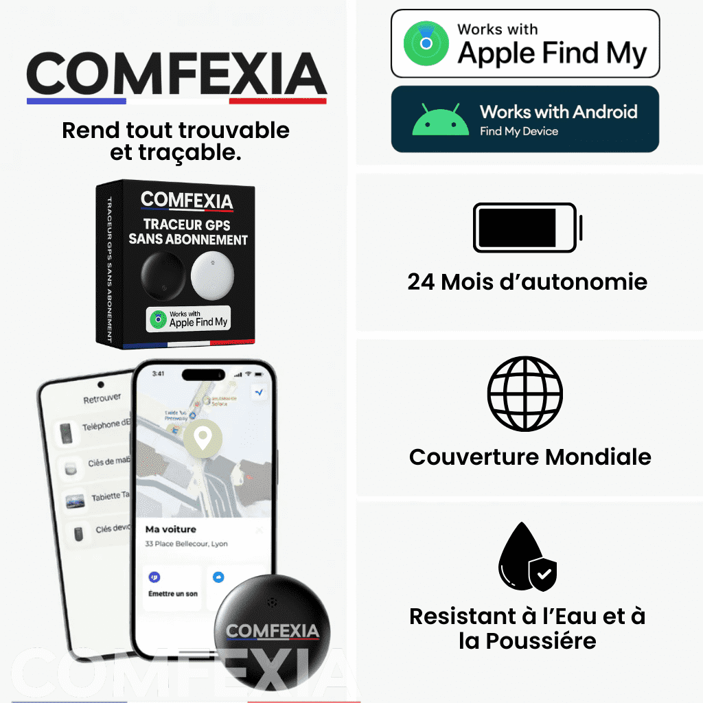 Comfexia™ – Traceur GPS Voiture Sans Abonnement – Android & iOS Find My